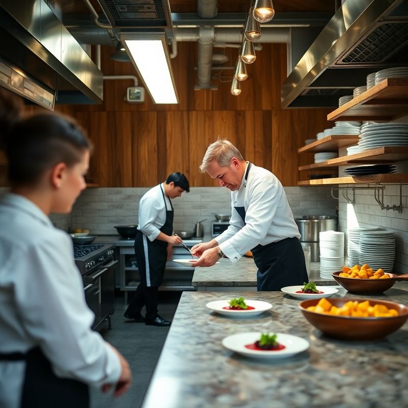 A small catering team in a production kitchen, chef plating a course in natural northern light