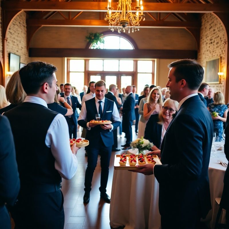 A wedding reception at a Victoria heritage venue with uniformed service staff and forest-cream décor