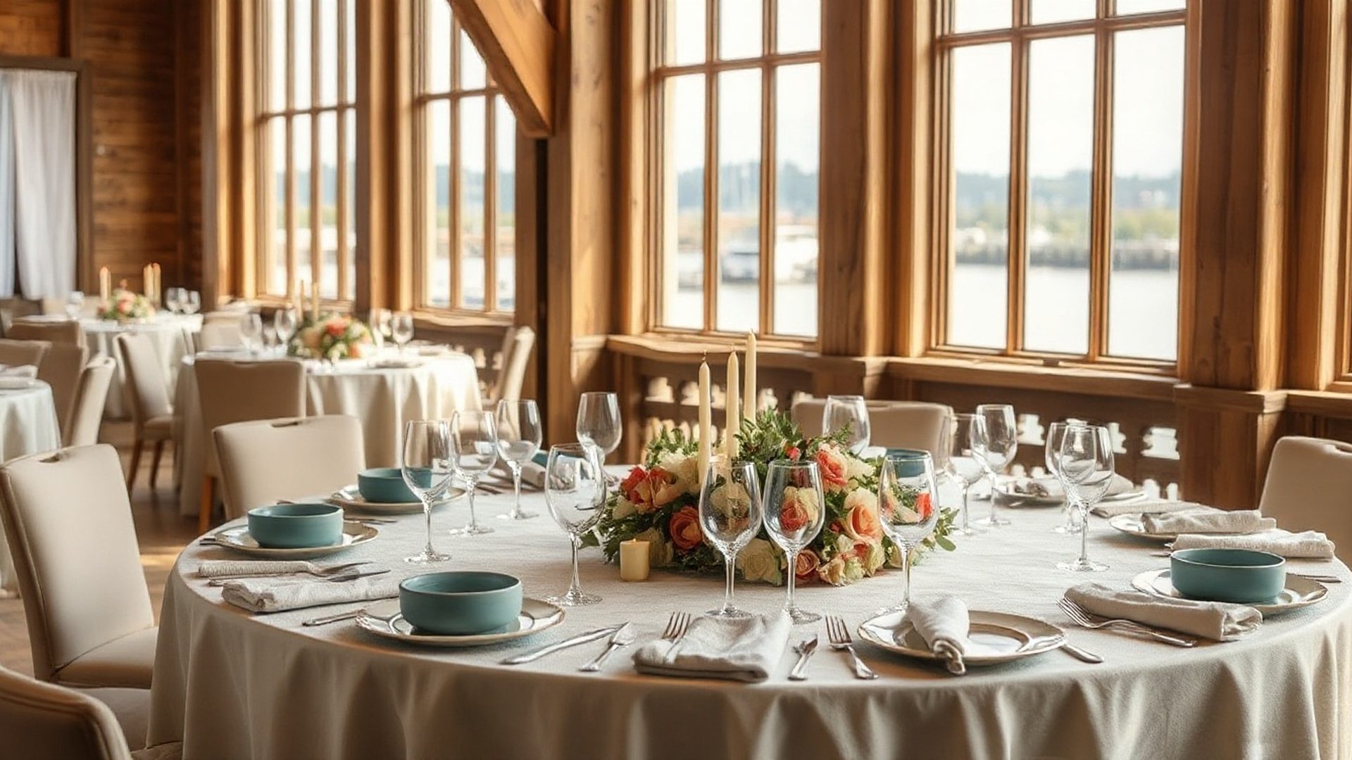 An elegantly set dinner table at a Victoria waterfront event with ivory linen and sage ceramic tableware