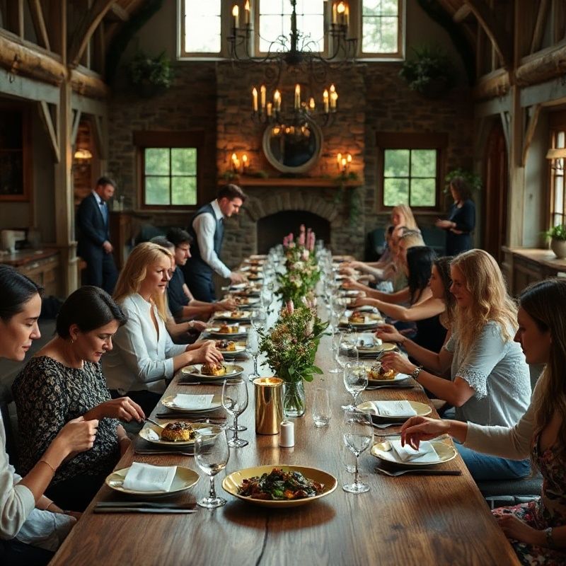 A shared-style dinner service on a long timber table with ivory linen and warm candlelight