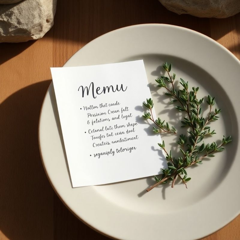 A handwritten seasonal menu card beside fresh thyme and a sage ceramic plate