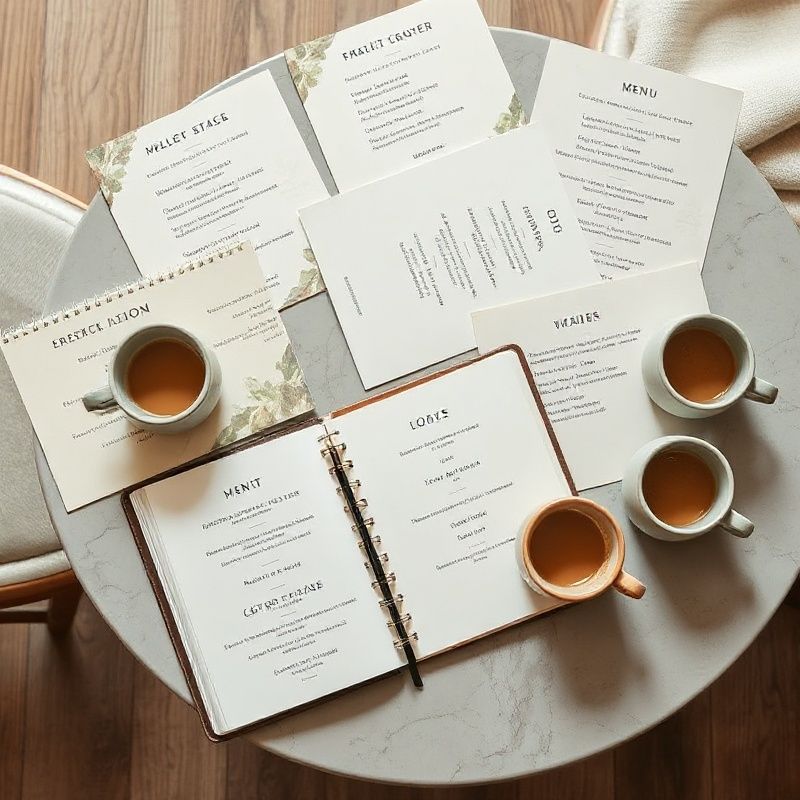 An overhead view of a catering consultation table with a notebook, printed menus, and sage ceramic coffee cups