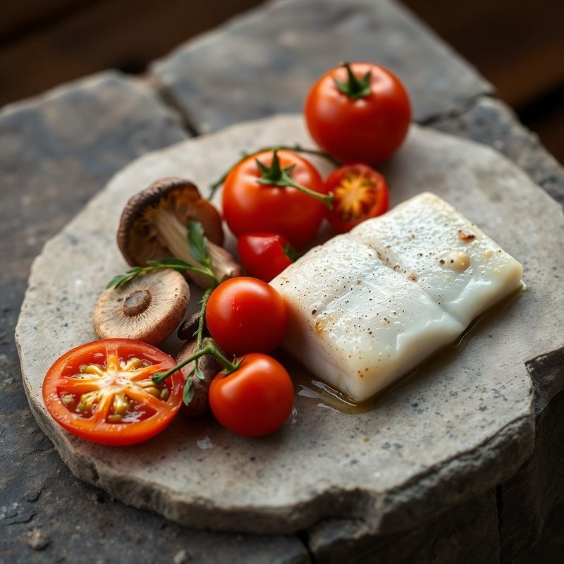 Vancouver Island seasonal produce arranged on a stone surface — halibut, heirloom tomatoes, and wild mushrooms